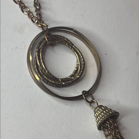 Contemporary Circular Pendant with Tassel Bronze Tone Chain Necklace 24” - Picture 2 of 6